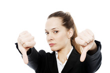 Severe Businesswoman With Thumb Down On White Background