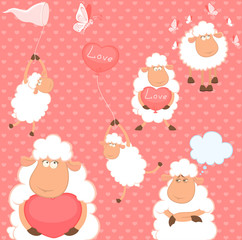 Wall Mural - Vector set of cartoon funny sheep with heart