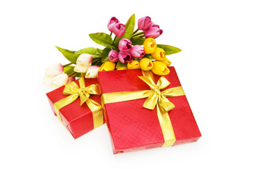 Giftbox and flowers isolated on the white background