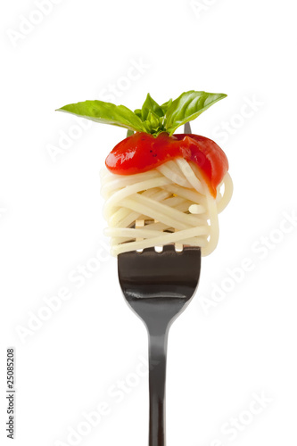 Fotografie, Obraz Spaghetti with sauce and parmesan cheese on a fork