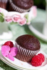 Wall Mural - Chocolate muffin on garden table