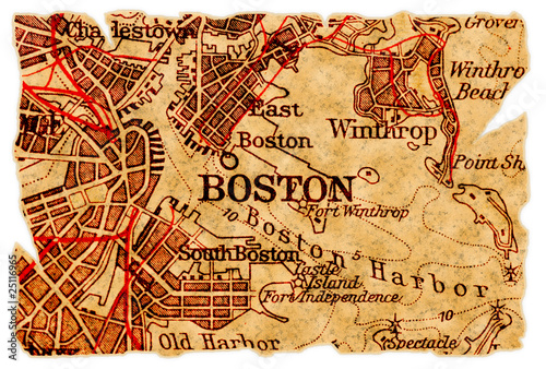 Obraz na płótnie canvas trzyczęściowy "tryptyk" Boston stara mapa