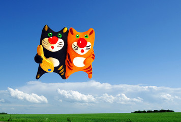 Two cats in the sky with fish