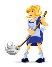 Cartoon Character Housemaid With Broom