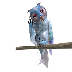 light blue fantasy owl.3D rendering with clipping path and shado