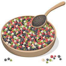 Mixed peppercorns on wooden plate and spoon