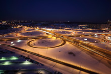 Night Winter Cityscape With Big Interchange, Lighting Columns