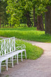 White bench under trees in park