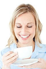 Sticker - Glowing businesswoman holding a cup of coffee