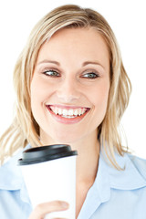 Poster - Delighted businesswoman holding a cup of coffee