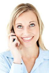 Poster - Portrait of a merry businesswoman talking on phone