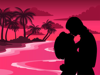 Vector silhouette of lovers on a background african beach