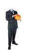 Kopfloser Geschäftsmann mit Halloween-Kürbis