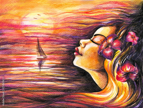 Naklejka na drzwi Summer girl -colored pencils.