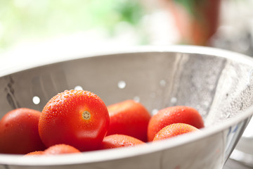 Fresh, Vibrant Roma Tomatoes in Colander with Water Drops