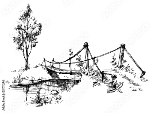 Dekoracja na wymiar  krajobraz-z-wiszacym-mostem-nad-rzeka-szkicem