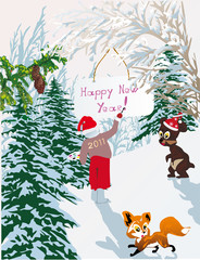 Wall Mural - new year illustration with snow forest