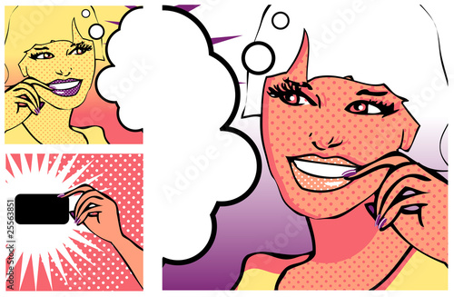 Plakat na papierze fotorealistycznym Dziewczyna w stylu komiksów i ręka z kartą (wersja rastrowa)