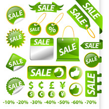 Collection Of Green Sale Tags, Stickers And Buttons
