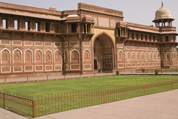 Red sandstone palace inside the Red Fort at Agra, India