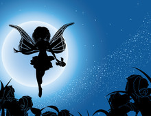 Flying Fairy Silhouette With Flowers In Night Sky