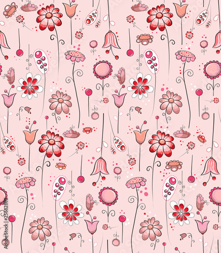 Naklejka na szafę Seamless pattern - Pink flowers in all directions