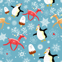 Seamless Pattern Of Funny Penguins And Deer