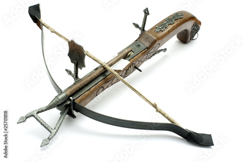Photographie old wood crossbow isolated in white background