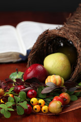 Wall Mural - Thanksgiving cornucopia and the Bible