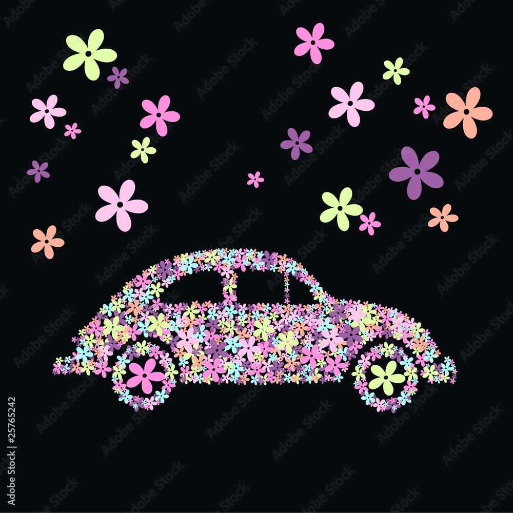ilustracja-kolorowy-kwiatowy-samochod-garbus-na-czarnym-tle