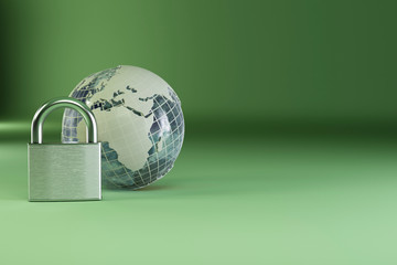 Poster - Earth with padlock on green background