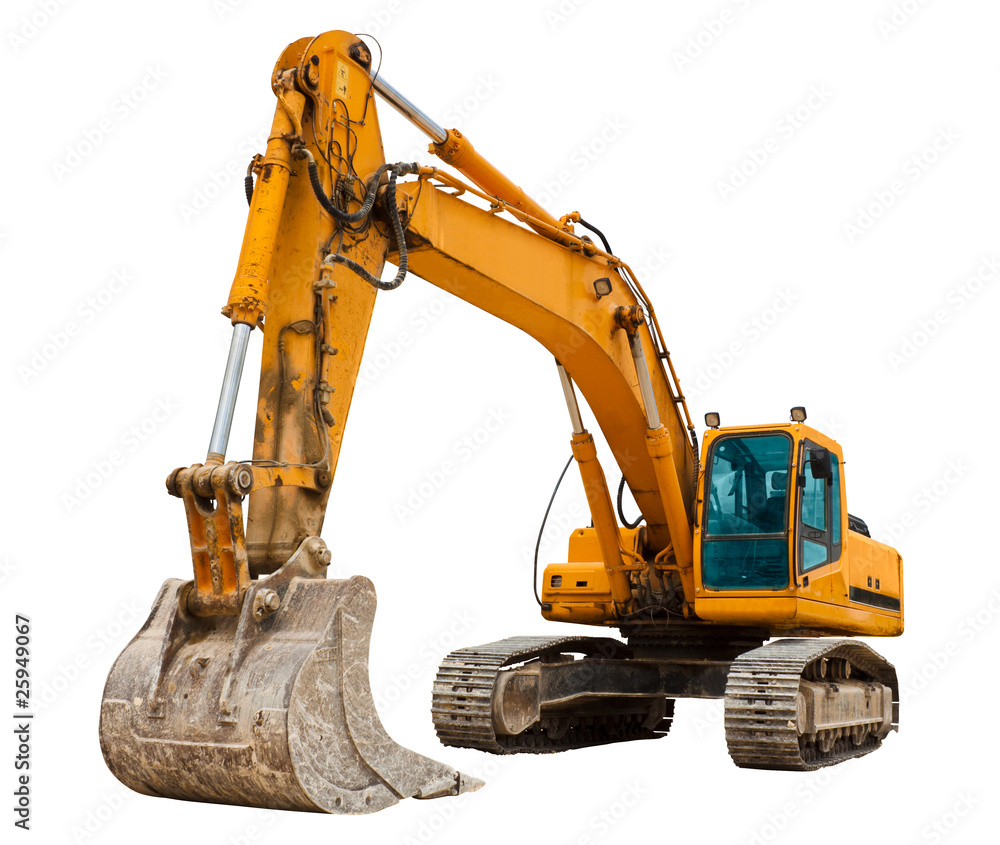 Yellow Excavator at Construction Site - obrazy, fototapety, plakaty 