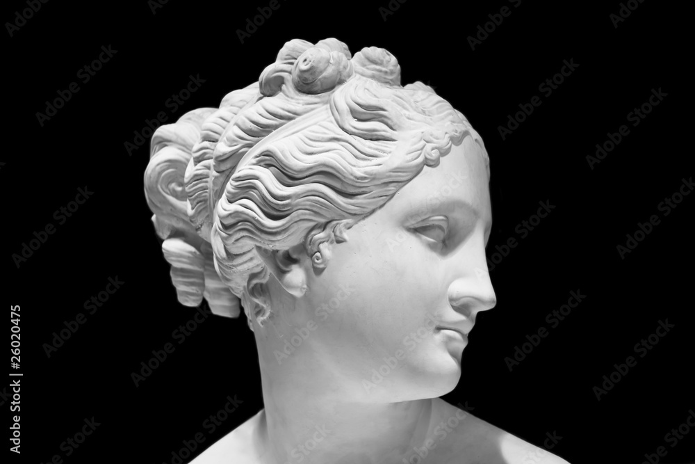 Classic white bust of Greek goddess isolated on black - obrazy, fototapety, plakaty 