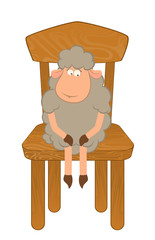 Wall Mural - Cartoon funny sad sheep sits on a chair. Vector illustration