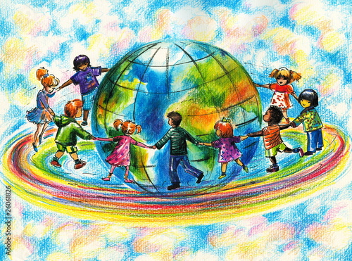 Naklejka - mata magnetyczna na lodówkę Children of different races hugging the planet Earth.