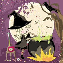 Witch Stirring A Potion In Cauldron