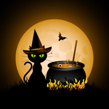 Halloween Cat And Cauldron