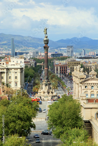 Plakat na papierze fotorealistycznym Miasto barcelona z góry, pomnik Krzysztofa Kolumba,