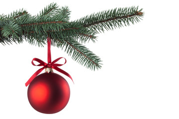 christmas ball with curly ribbon on christmas tree