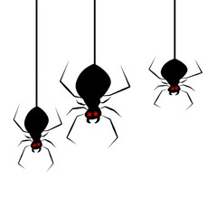 Three scary spiders with red eyes hanging