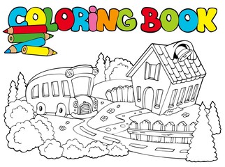 Canvas Print - Coloring book with school and bus