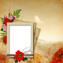 Vintage Background In Grunge Style With Poppy Flowers And Frames