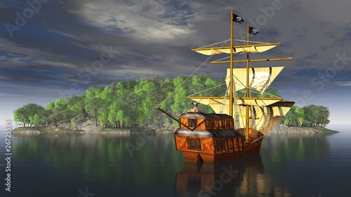 Fotoboard na płycie Piracki statek z piratem przed wyspą