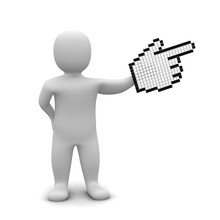 Man Pointing With Big Mouse Cursor. 3d Illustration.
