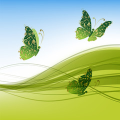 Poster - Green background with beautiful butterflies for your design