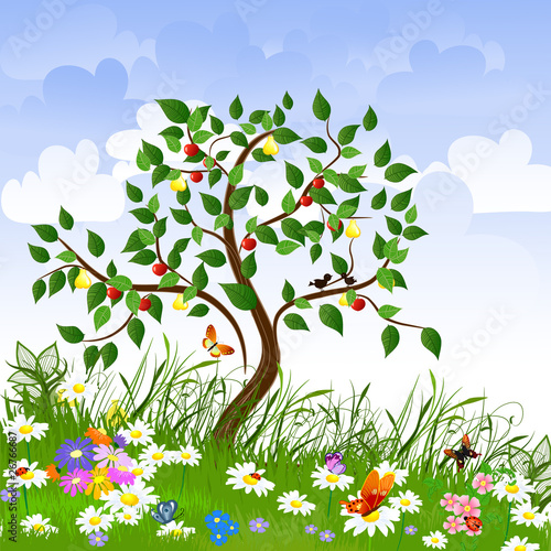 Naklejka - mata magnetyczna na lodówkę Ilustracyjne drzewko na kolorowej kwiatowej polance
