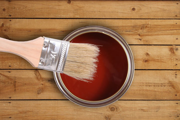 Wall Mural - red paint can with brush on wooden floor