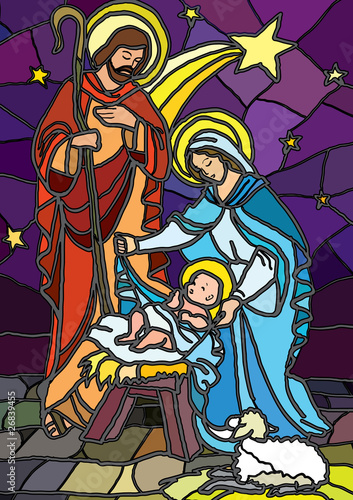 Naklejka na szybę Nativity in stained glass.