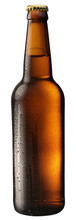 Bottle Of Beer With Drops On White Background.