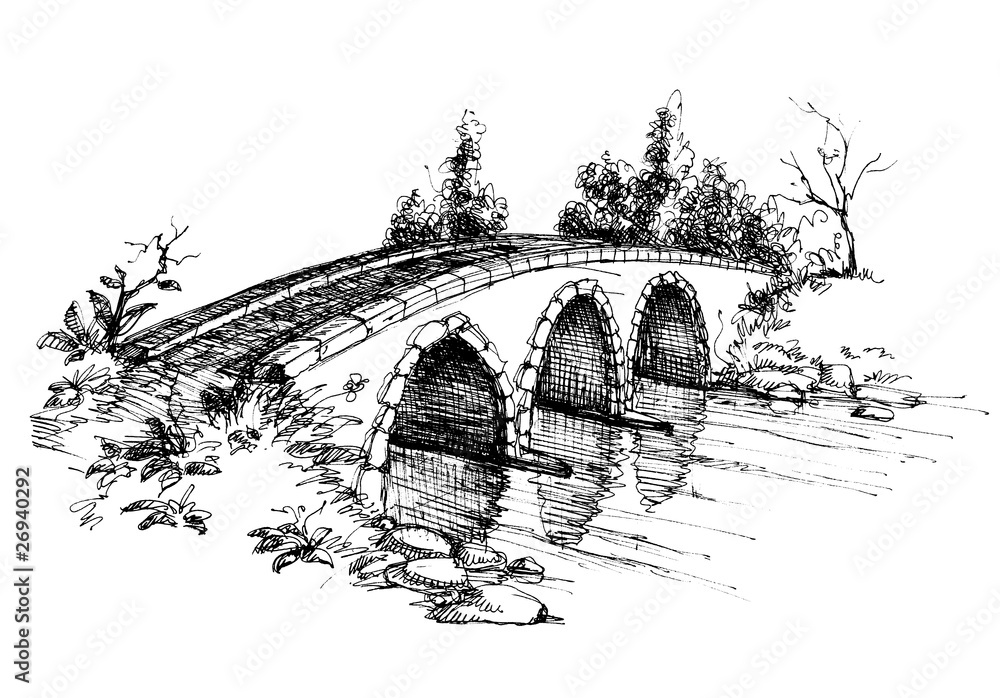 Stone bridge over river sketch - obrazy, fototapety, plakaty 